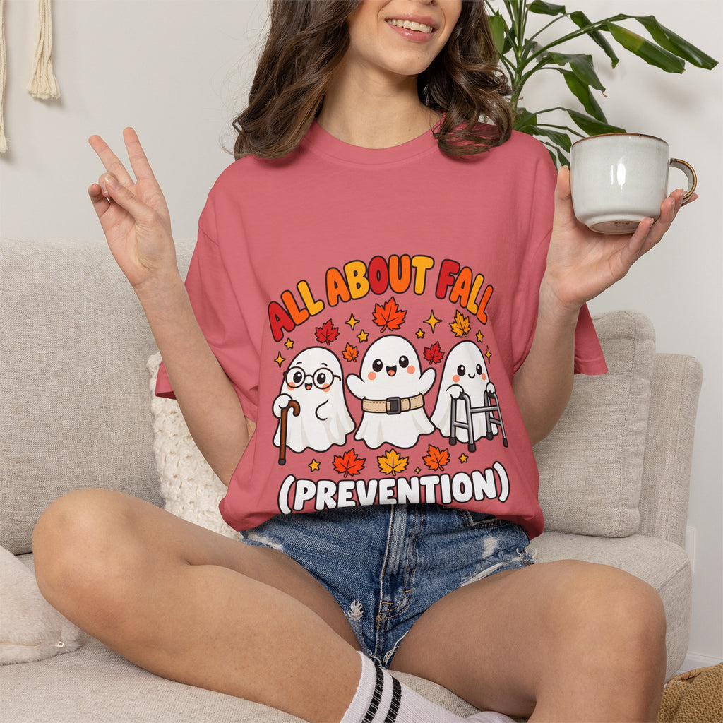 Comfort Colors® All About Fall Prevention T-Shirt, Funny Physical Therapist Gift, Occupational Therapy Humor Gift, Cute Autumn Ghost