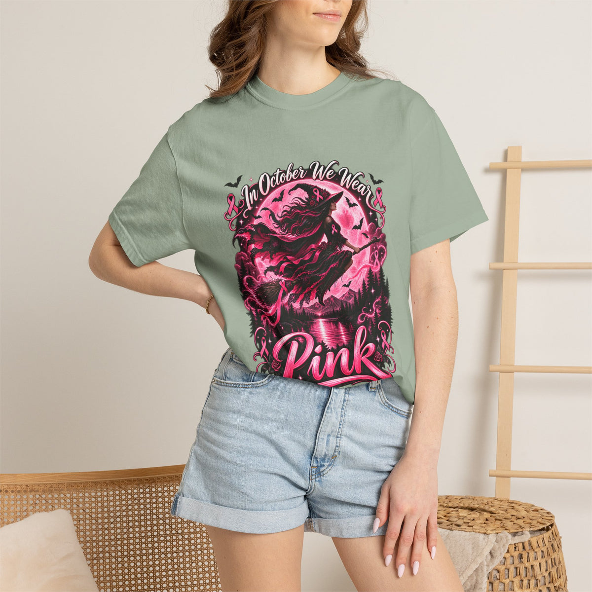Comfort Colors® In October We Wear Pink T-Shirt, Breast Cancer Awareness Witch Gift, Pink Ribbon Halloween, Spooky Survivor Support Shirt