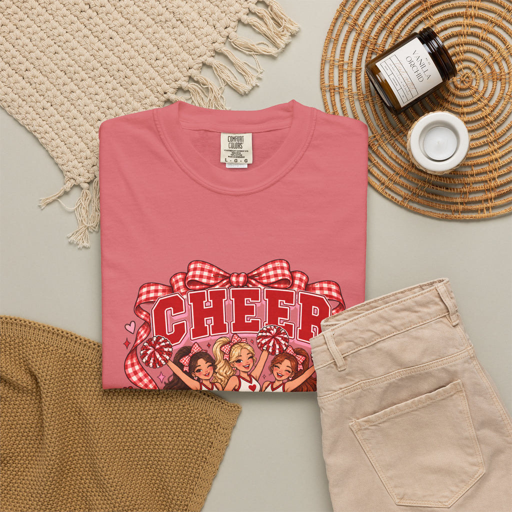 Comfort Colors® Cheer Squad T-Shirt, Red Gingham Bow Cheerleader Gift, Cute Cheer Team Spirit Graphic Tee, Cheerleading Girls Coach Gift