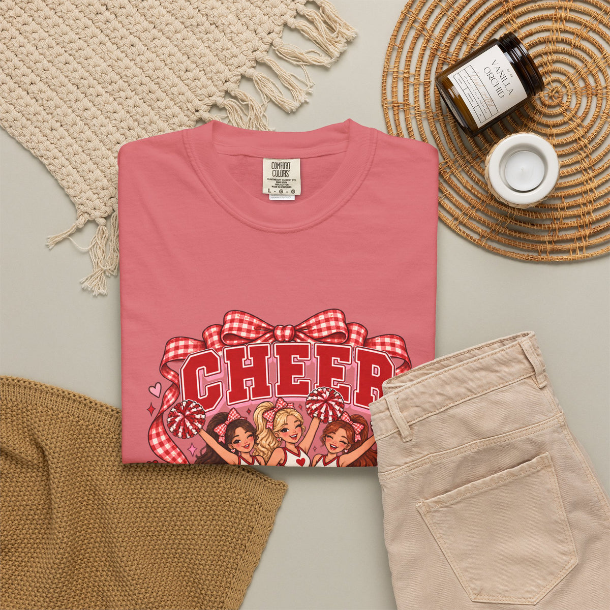 Comfort Colors® Cheer Squad T-Shirt, Red Gingham Bow Cheerleader Gift, Cute Cheer Team Spirit Graphic Tee, Cheerleading Girls Coach Gift