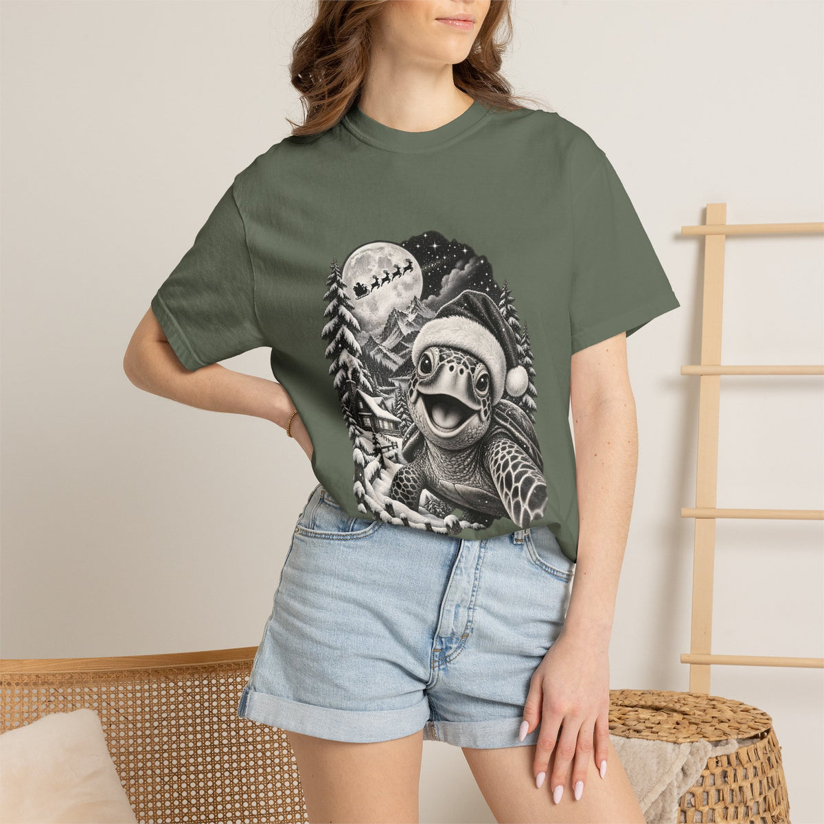 Comfort Colors® Christmas Turtle T-Shirt, Cute Sea Turtle Lover Gift, Funny Santa Hat Turtle Christmas Gift, Winter Ocean Animal Graphic Tee