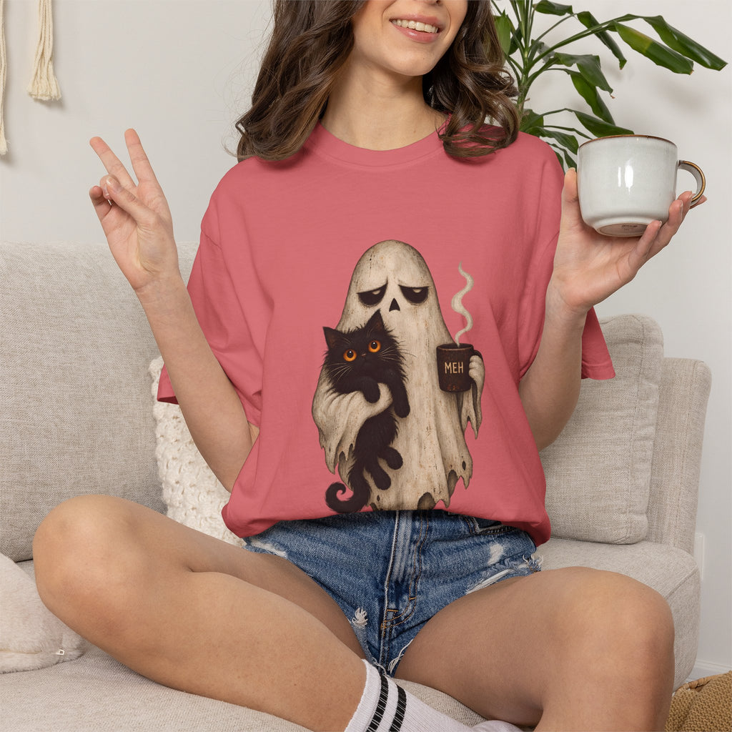 Comfort Colors® Meh Ghost Cat Coffee T-Shirt, Funny Halloween Cat Lover Gift, Sarcastic Spooky Coffee Gift, Grumpy Ghost Graphic Tee