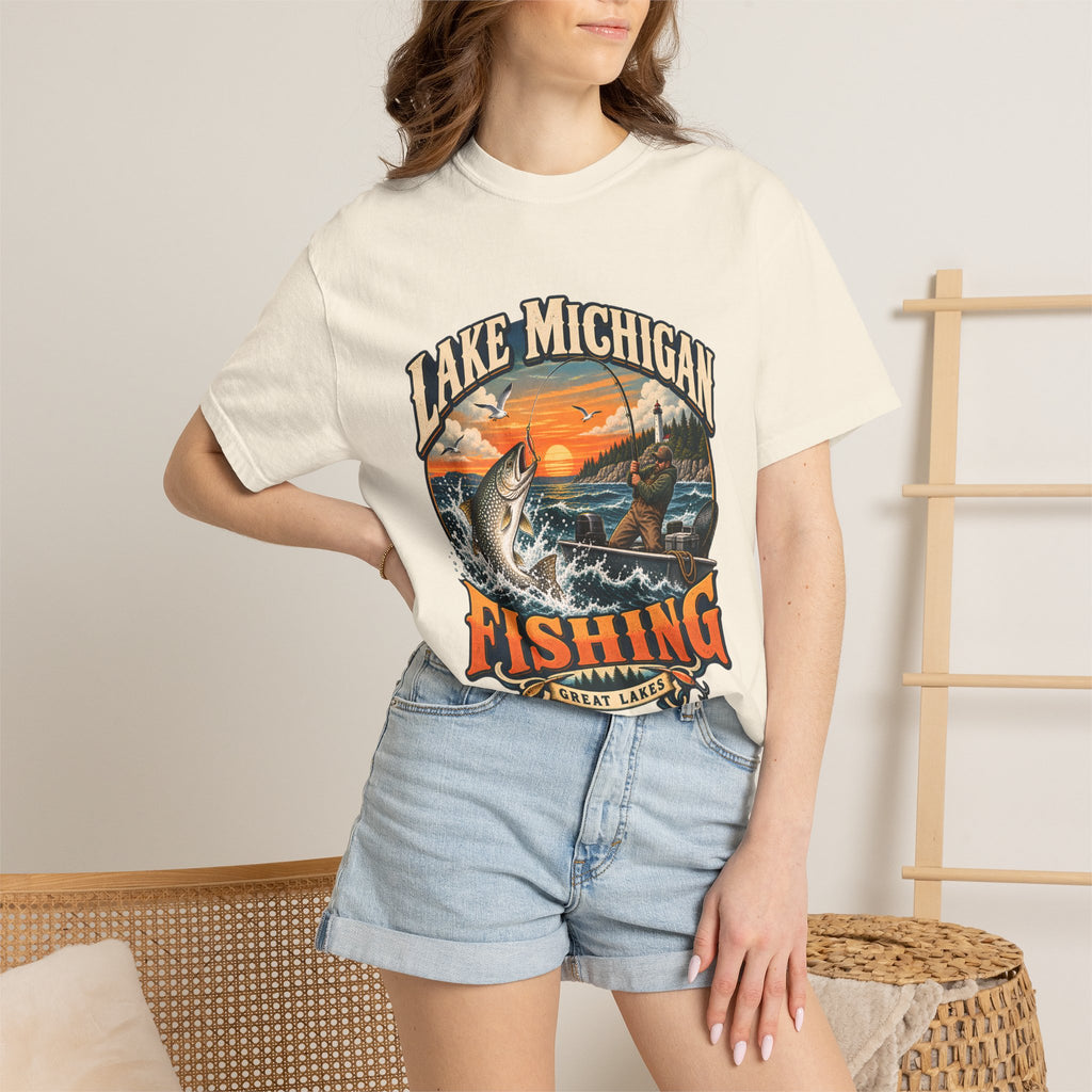 Comfort Colors® Lake Michigan Fishing T-Shirt, Great Lakes Angler Gift, Trout Fisherman Sunset Graphic Tee, Michigan Fishing Lover Shirt