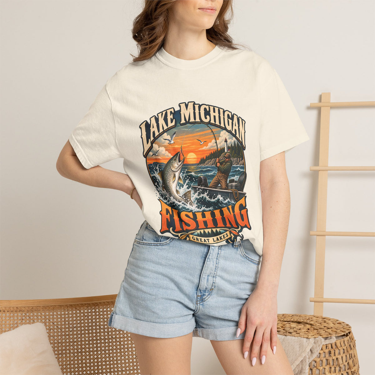 Comfort Colors® Lake Michigan Fishing T-Shirt, Great Lakes Angler Gift, Trout Fisherman Sunset Graphic Tee, Michigan Fishing Lover Shirt
