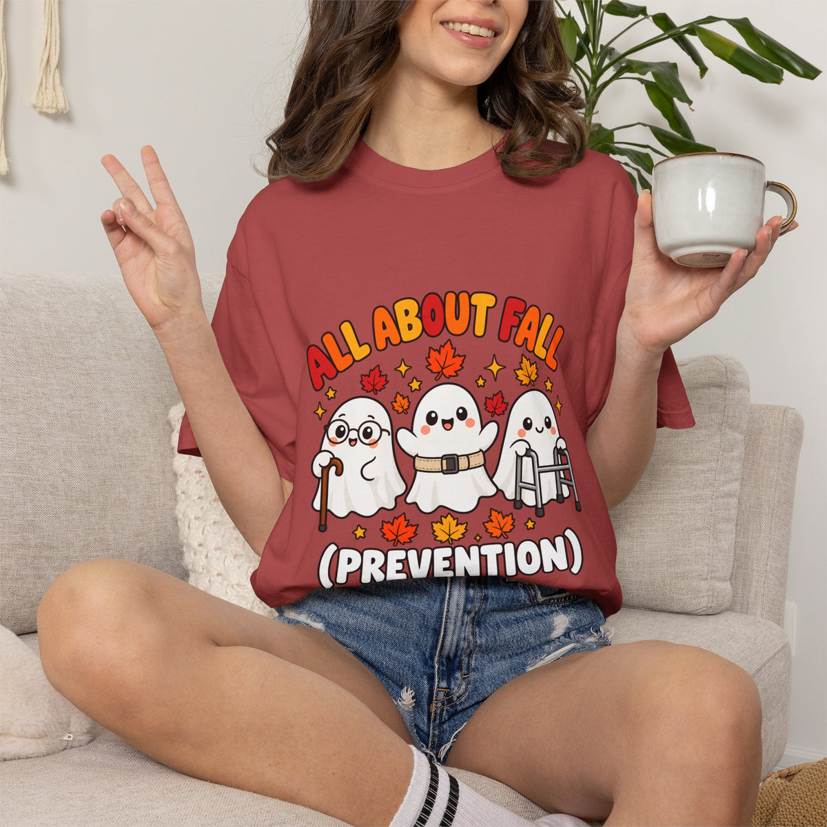 Comfort Colors® All About Fall Prevention T-Shirt, Funny Physical Therapist Gift, Occupational Therapy Humor Gift, Cute Autumn Ghost