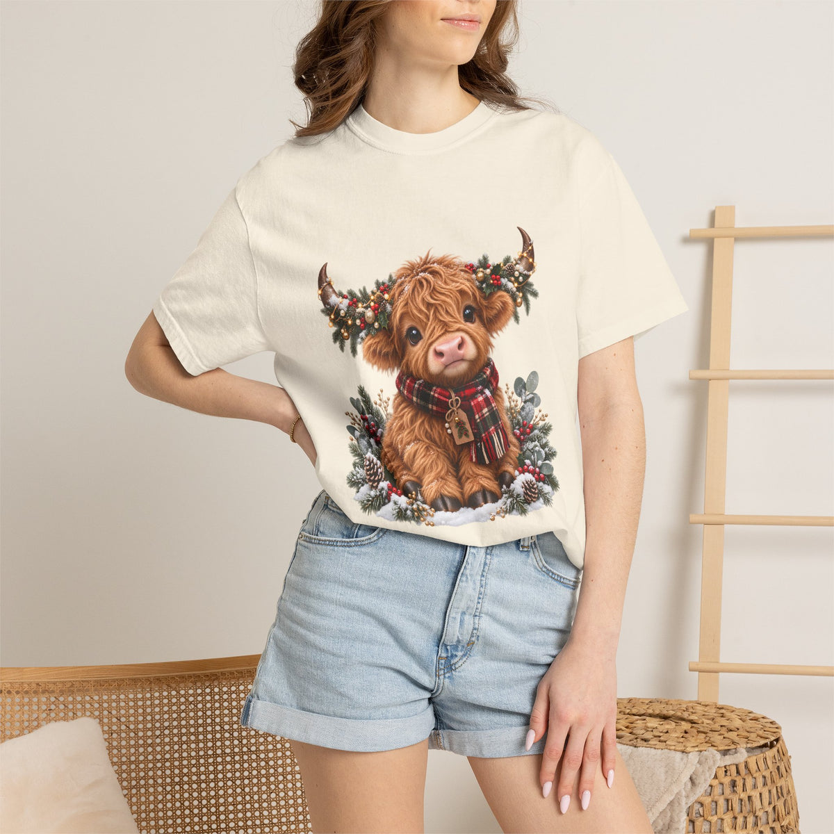 Comfort Colors® Cute Highland Cow Christmas T-Shirt, Festive Cow Lover Gift, Winter Farm Lover Gift, Christmas Farm Animal Gift
