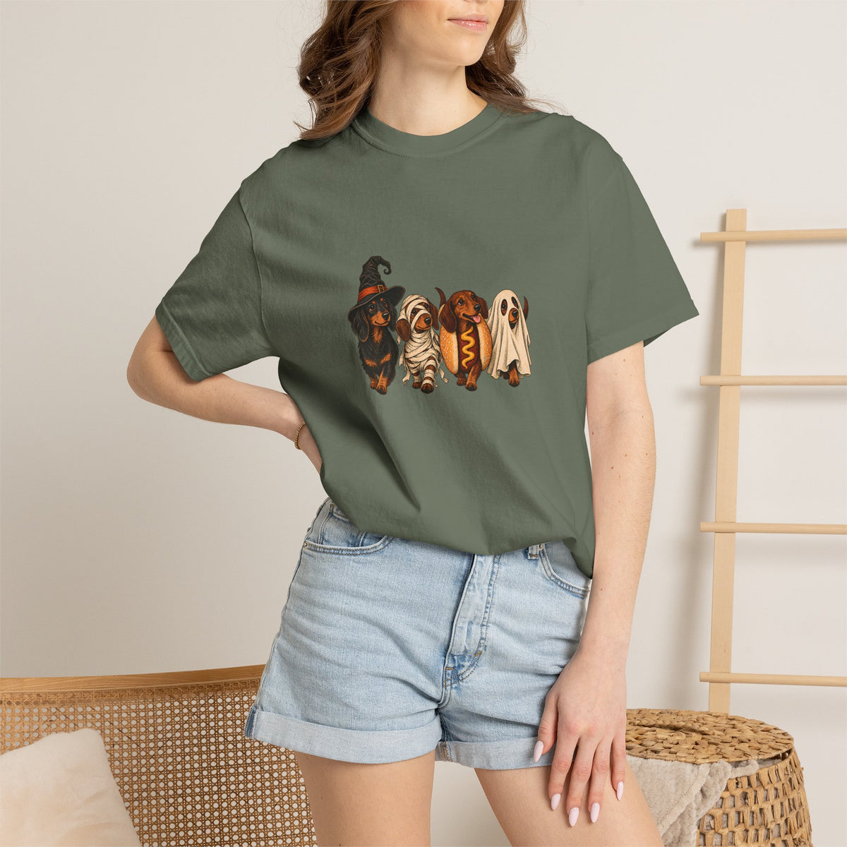 Comfort Colors® Halloween Dachshund T-Shirt, Spooky Wiener Dog Lover Gift, Cute Sausage Dog Costume Shirt, Doxie Halloween Pet Mom Shirt