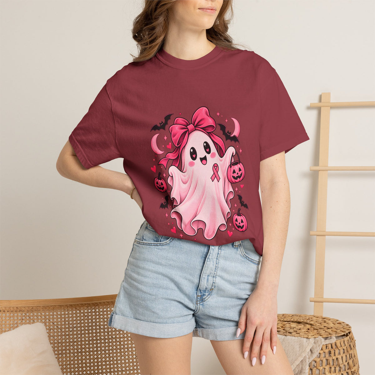 Comfort Colors® Pink Ribbon Ghost T-Shirt, Breast Cancer Awareness Halloween Gift, Cute Spooky Survivor Support Shirt, Pink October Shirt