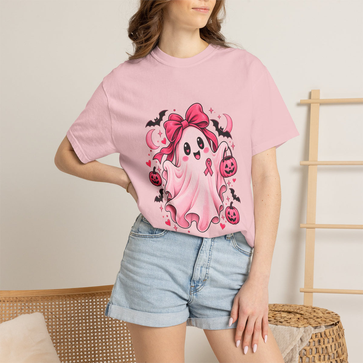 Comfort Colors® Pink Ribbon Ghost T-Shirt, Breast Cancer Awareness Halloween Gift, Cute Spooky Survivor Support Shirt, Pink October Shirt