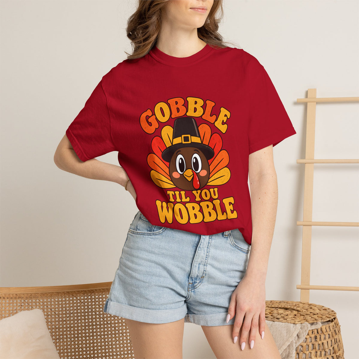 Comfort Colors® Gobble Til You Wobble T-Shirt, Funny Thanksgiving Turkey Gift, Retro Family Dinner Humor Gift, Cute Fall Turkey Graphic Tee