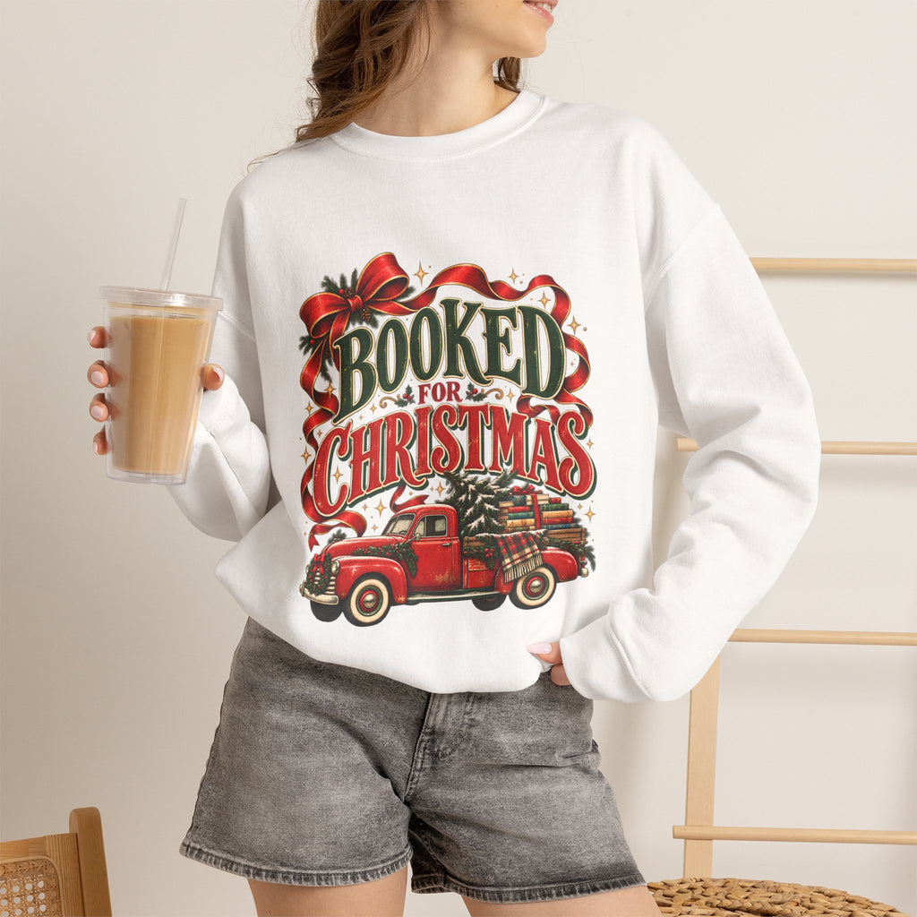Booked for Christmas Sweatshirt, Book Lover Holiday Gift, Vintage Christmas Truck Graphic Sweatshirt, Cozy Reader Christmas Gift for Her