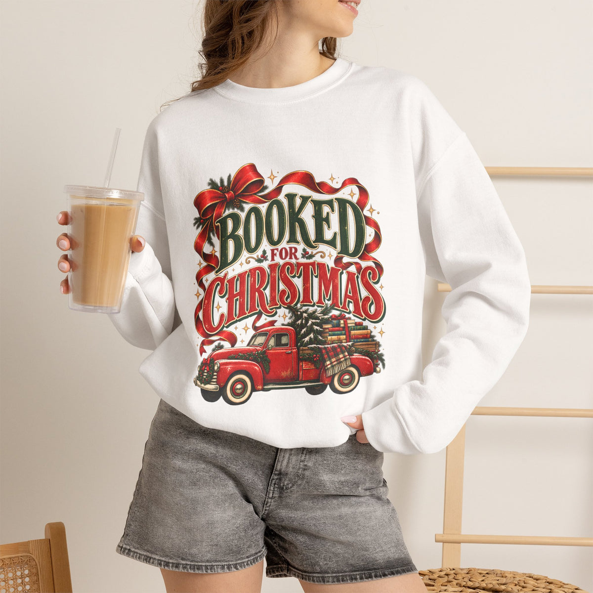 Booked for Christmas Sweatshirt, Book Lover Holiday Gift, Vintage Christmas Truck Graphic Sweatshirt, Cozy Reader Christmas Gift for Her