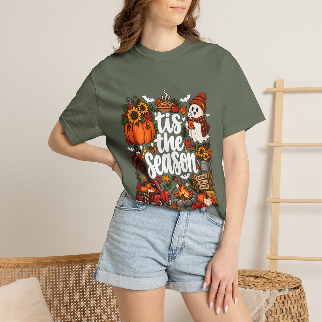 T-shirt Comfort Colors® « Tis the Season », cadeau pour amateur de citrouilles, t-shirt pour l'automne, Thanksgiving et Halloween, t-shirt douillet pour la saison des récoltes pour femmes