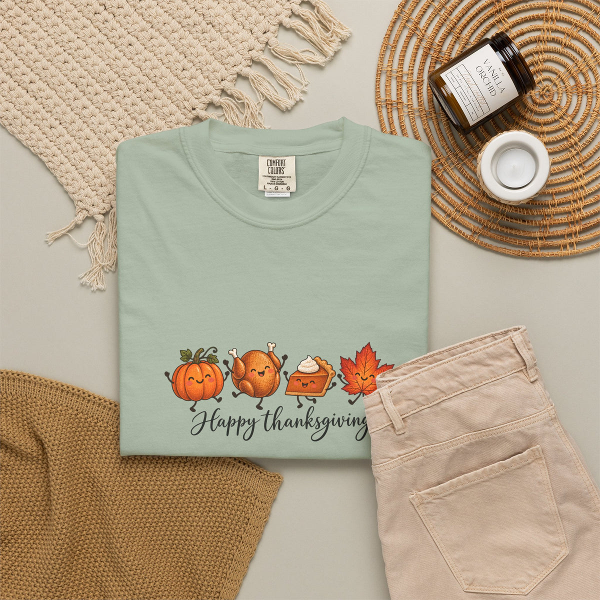 Comfort Colors® Happy Thanksgiving T-Shirt, Cute Turkey Pumpkin Lover Gift, Kawaii Fall Food Gift, Autumn Family Dinner Graphic Tee