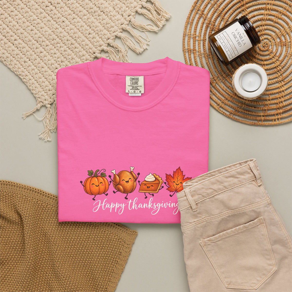 Comfort Colors® Happy Thanksgiving T-Shirt, Cute Turkey Pumpkin Lover Gift, Kawaii Fall Food Gift, Autumn Family Dinner Graphic Tee