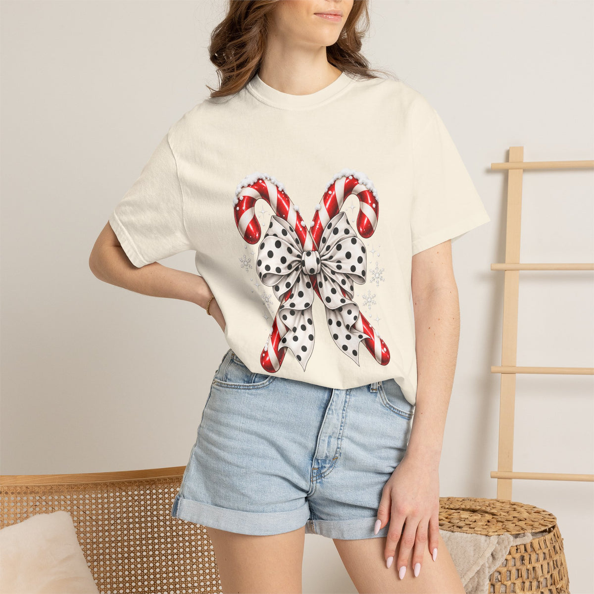 Comfort Colors® Candy Cane Bow T-Shirt, Coquette Christmas Lover Gift, Candy Cane Coquette Shirt, Cute Festive Candy Cane Gift for Her