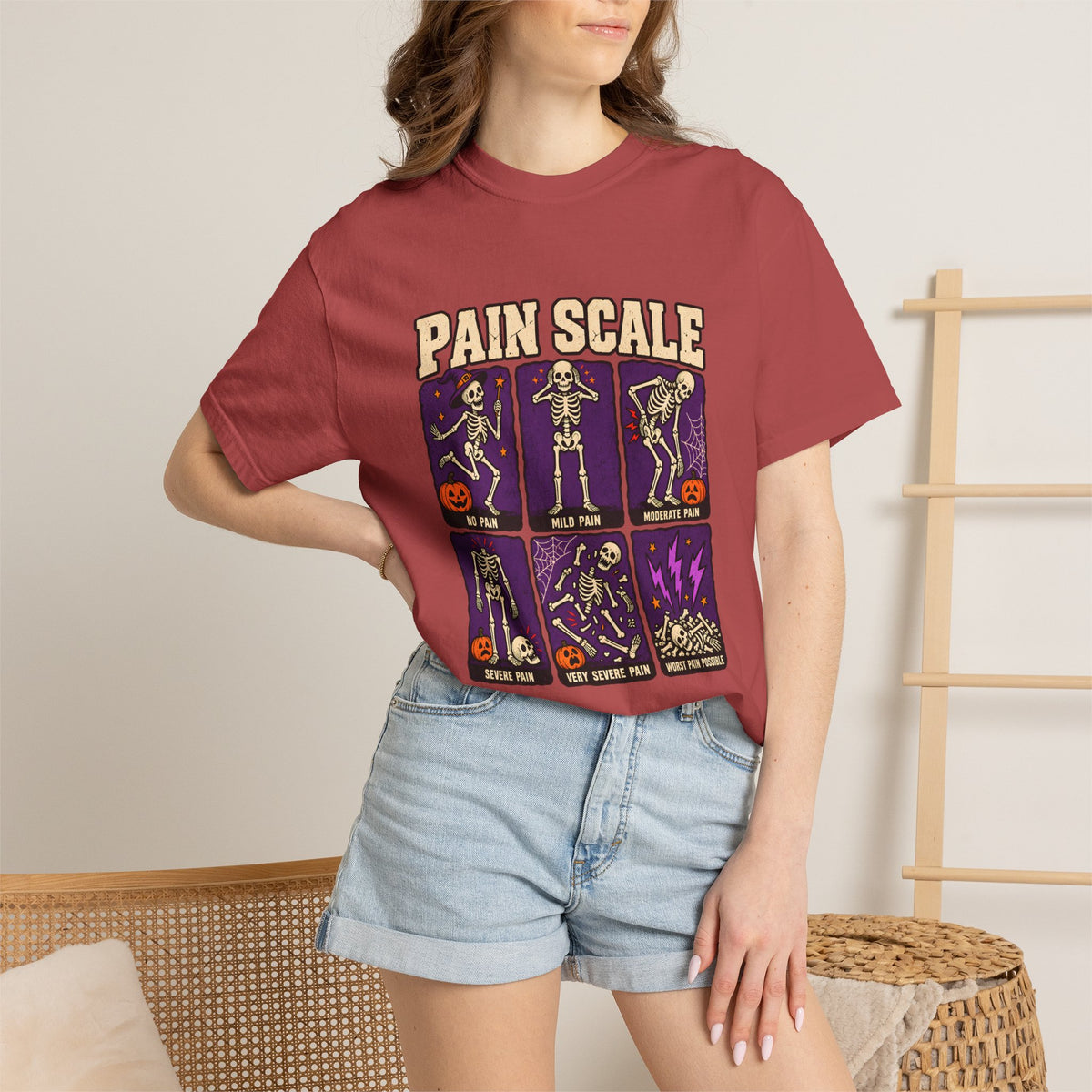 Comfort Colors® Pain Scale Skeleton T-Shirt, Funny Halloween Skeleton Gift, Spooky Medical Humor Gift, Nurse Doctor Halloween Graphic Tee