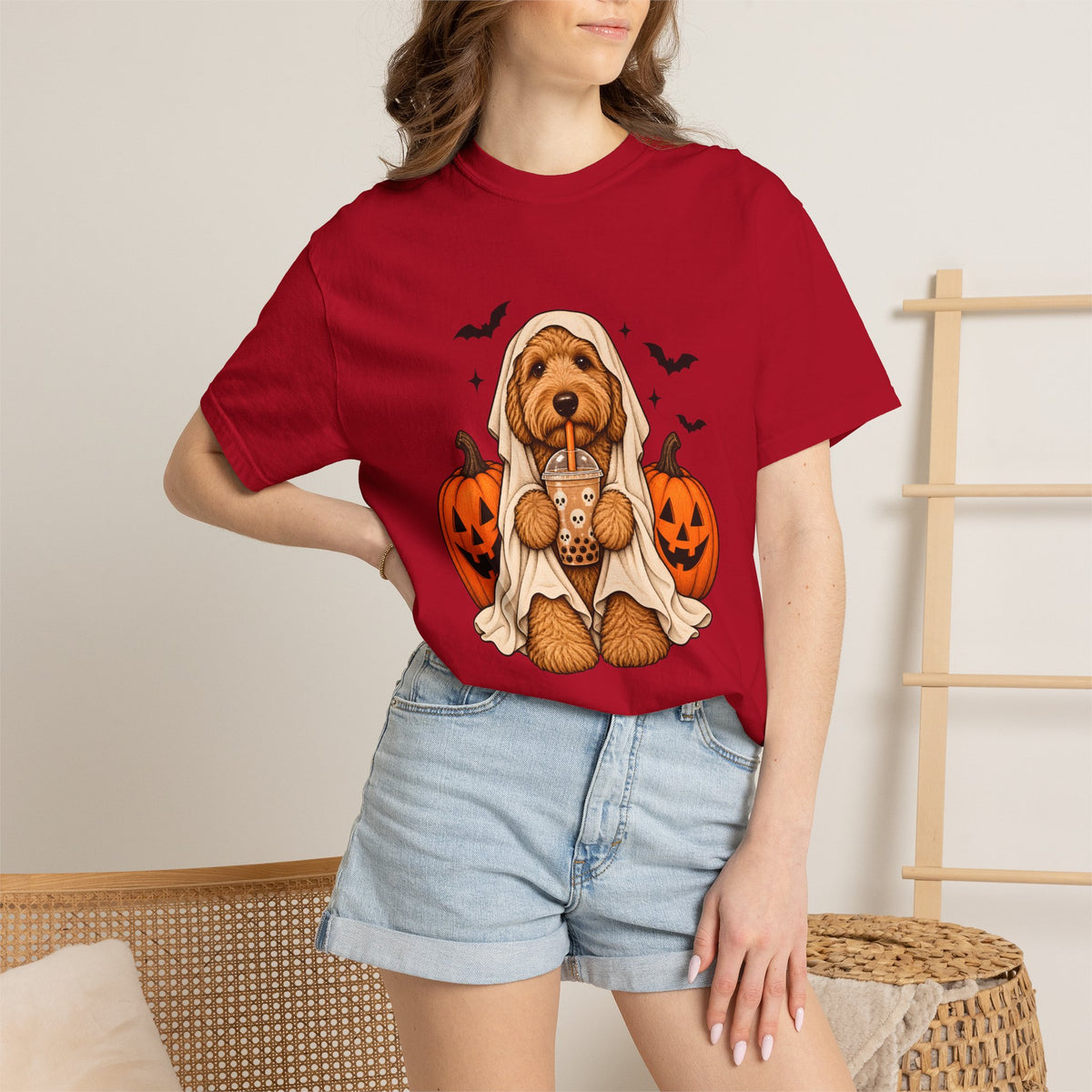Comfort Colors® Halloween Ghost Dog Boba T-Shirt, Cute Doodle Dog Lover Gift, Spooky Pumpkin Bubble Tea Gift, Fall Pet Graphic Tee