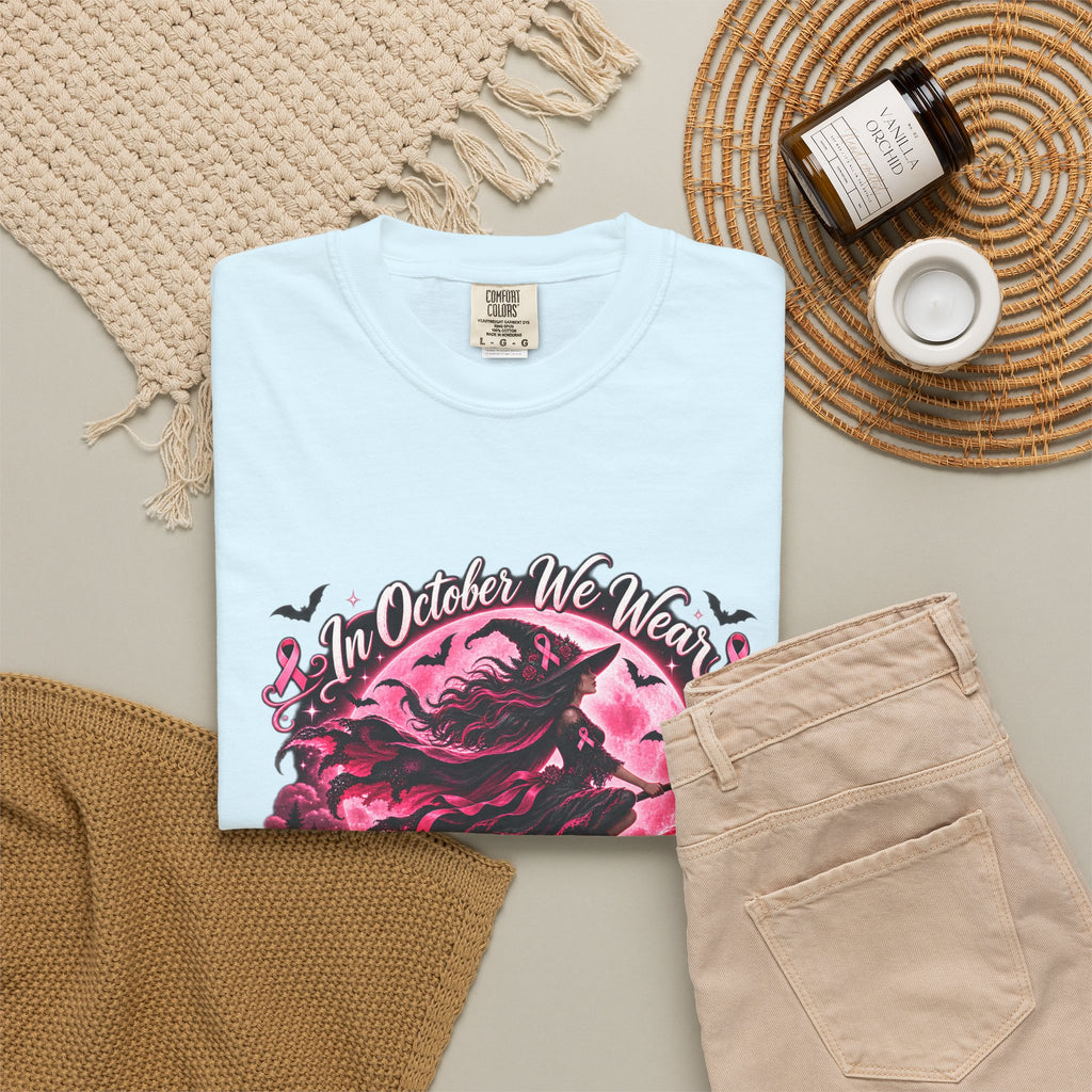 Comfort Colors® In October We Wear Pink T-Shirt, Breast Cancer Awareness Witch Gift, Pink Ribbon Halloween, Spooky Survivor Support Shirt