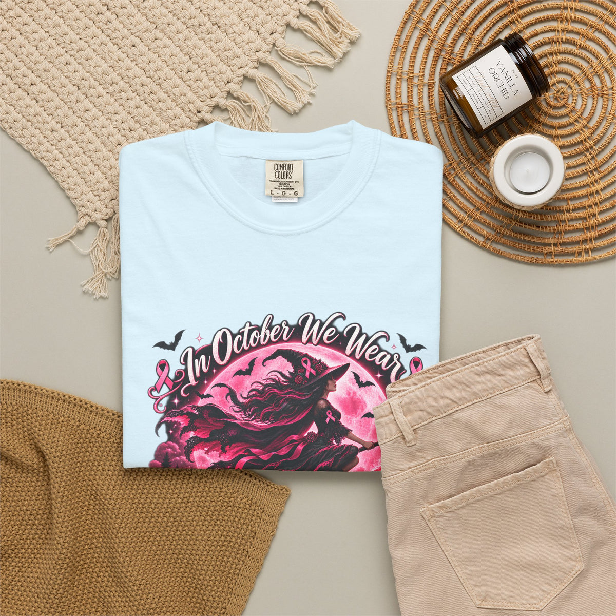 Comfort Colors® In October We Wear Pink T-Shirt, Breast Cancer Awareness Witch Gift, Pink Ribbon Halloween, Spooky Survivor Support Shirt