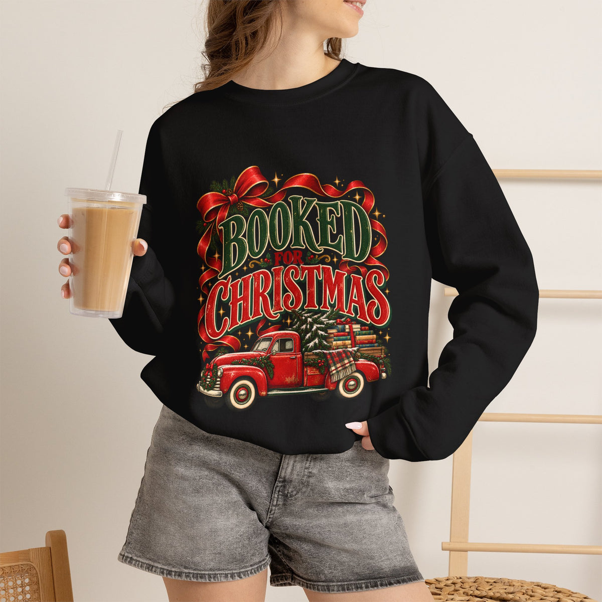 Booked for Christmas Sweatshirt, Book Lover Holiday Gift, Vintage Christmas Truck Graphic Sweatshirt, Cozy Reader Christmas Gift for Her