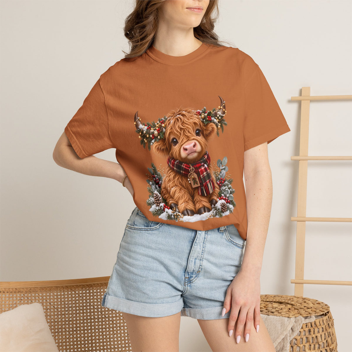 Comfort Colors® Cute Highland Cow Christmas T-Shirt, Festive Cow Lover Gift, Winter Farm Lover Gift, Christmas Farm Animal Gift