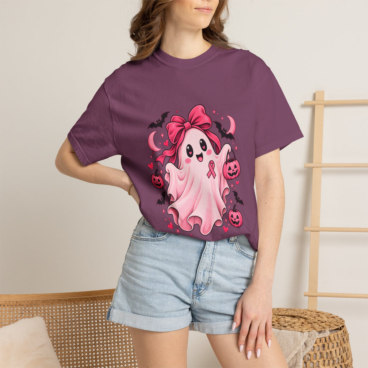 Comfort Colors® Pink Ribbon Ghost T-Shirt, Breast Cancer Awareness Halloween Gift, Cute Spooky Survivor Support Shirt, Pink October Shirt