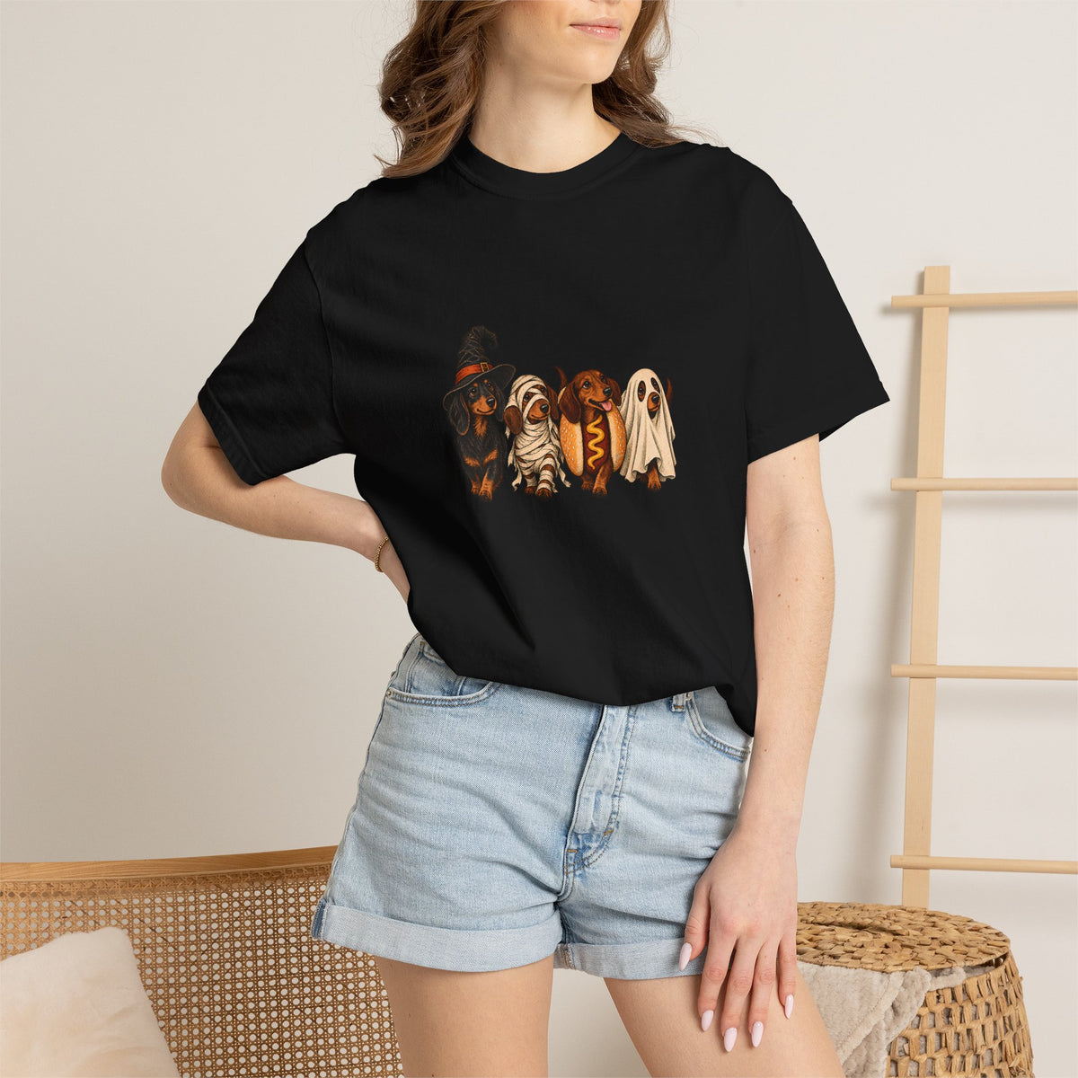 Comfort Colors® Halloween Dachshund T-Shirt, Spooky Wiener Dog Lover Gift, Cute Sausage Dog Costume Shirt, Doxie Halloween Pet Mom Shirt