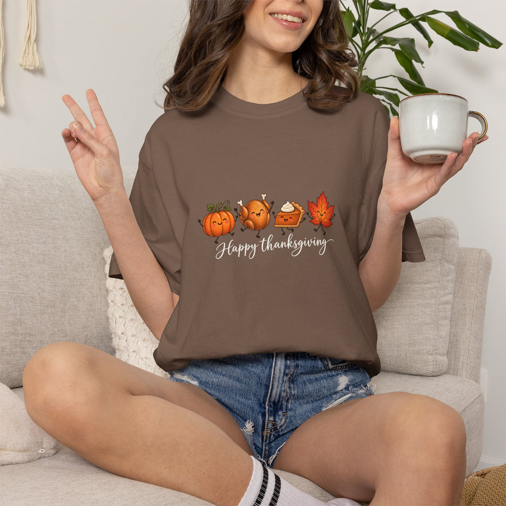 Comfort Colors® Happy Thanksgiving T-Shirt, Cute Turkey Pumpkin Lover Gift, Kawaii Fall Food Gift, Autumn Family Dinner Graphic Tee