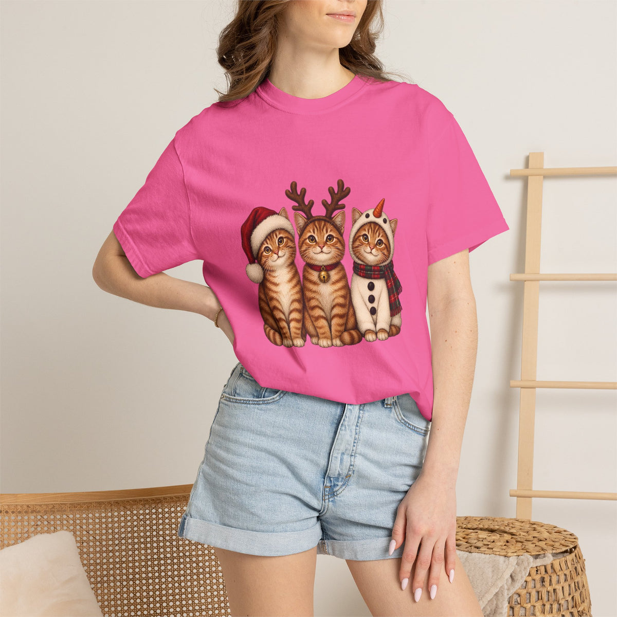 Comfort Colors® Christmas Cats T-Shirt, Cute Holiday Cat Lover Gift, Funny Santa Reindeer Snowman Cats Gift, Festive Kitty Graphic Tee