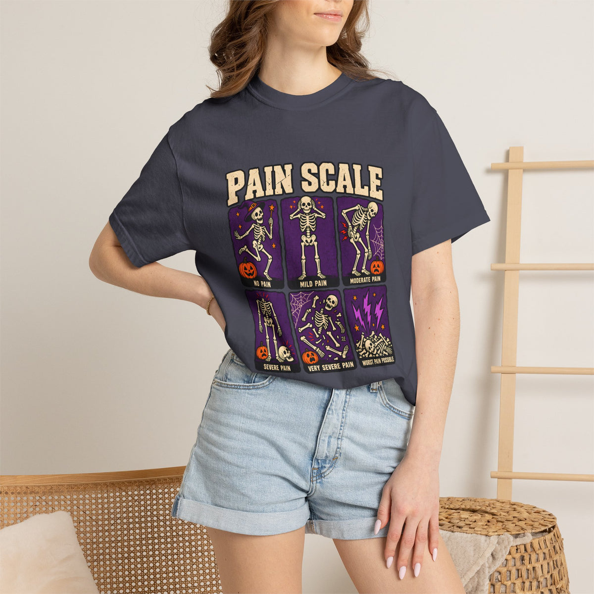 Comfort Colors® Pain Scale Skeleton T-Shirt, Funny Halloween Skeleton Gift, Spooky Medical Humor Gift, Nurse Doctor Halloween Graphic Tee
