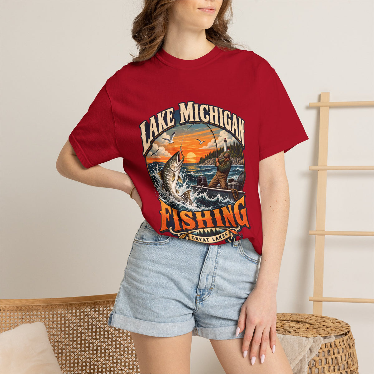 Comfort Colors® Lake Michigan Fishing T-Shirt, Great Lakes Angler Gift, Trout Fisherman Sunset Graphic Tee, Michigan Fishing Lover Shirt