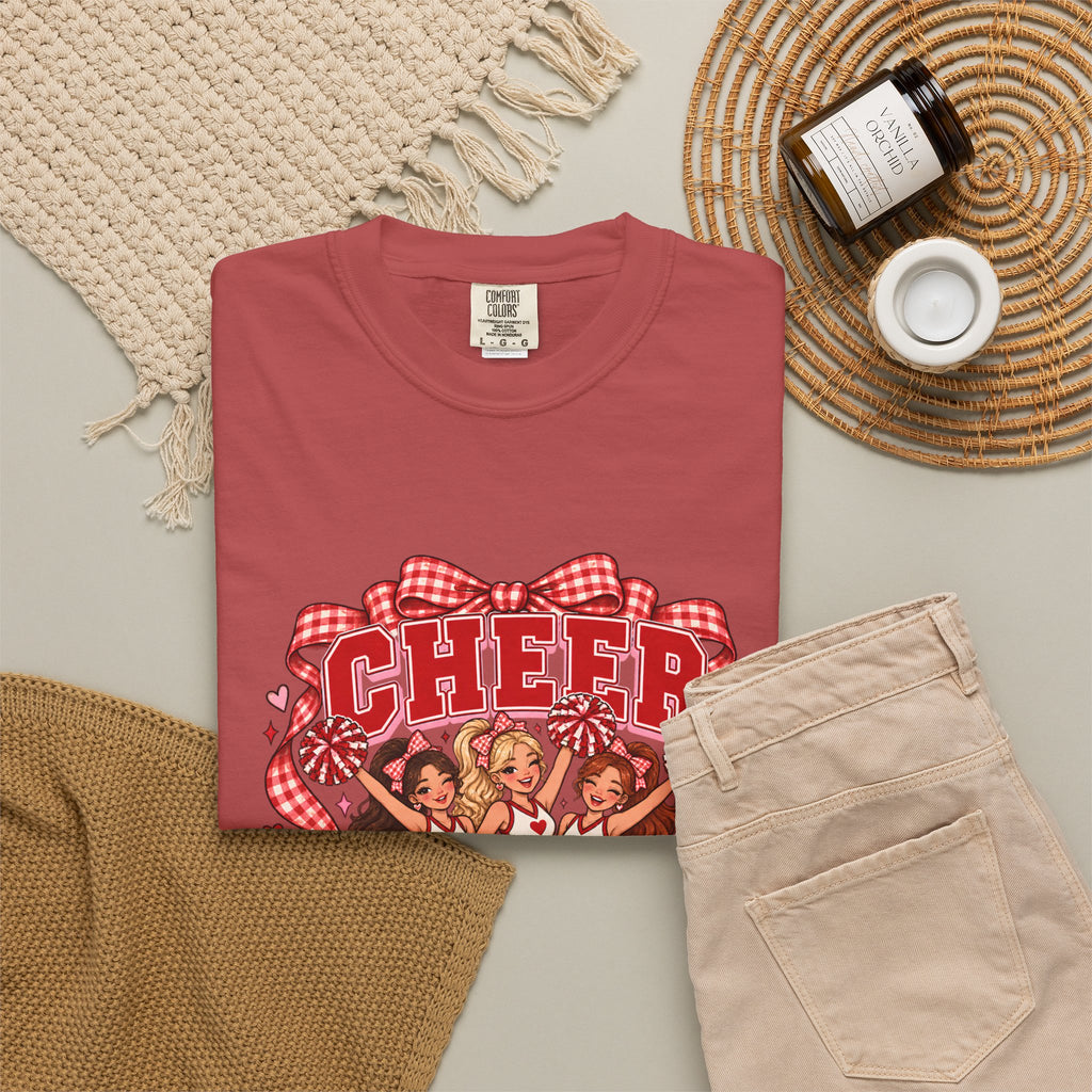 Comfort Colors® Cheer Squad T-Shirt, Red Gingham Bow Cheerleader Gift, Cute Cheer Team Spirit Graphic Tee, Cheerleading Girls Coach Gift