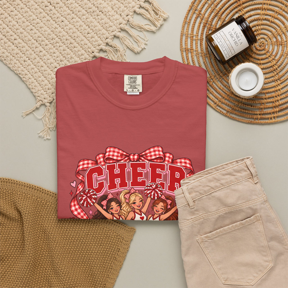 Comfort Colors® Cheer Squad T-Shirt, Red Gingham Bow Cheerleader Gift, Cute Cheer Team Spirit Graphic Tee, Cheerleading Girls Coach Gift
