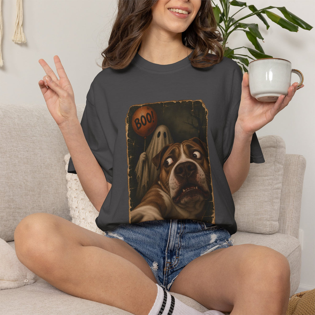 Comfort Colors® Boo Ghost Dog T-Shirt, Funny Halloween Bulldog Lover Gift, Scared Dog Spooky Season Gift, Vintage Pet Selfie Graphic Tee