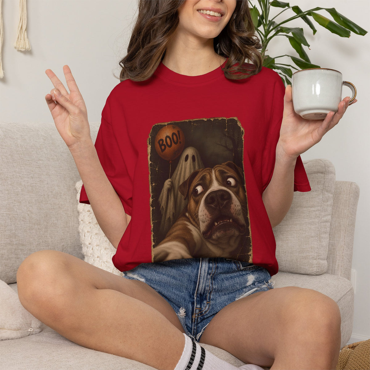 Comfort Colors® Boo Ghost Dog T-Shirt, Funny Halloween Bulldog Lover Gift, Scared Dog Spooky Season Gift, Vintage Pet Selfie Graphic Tee
