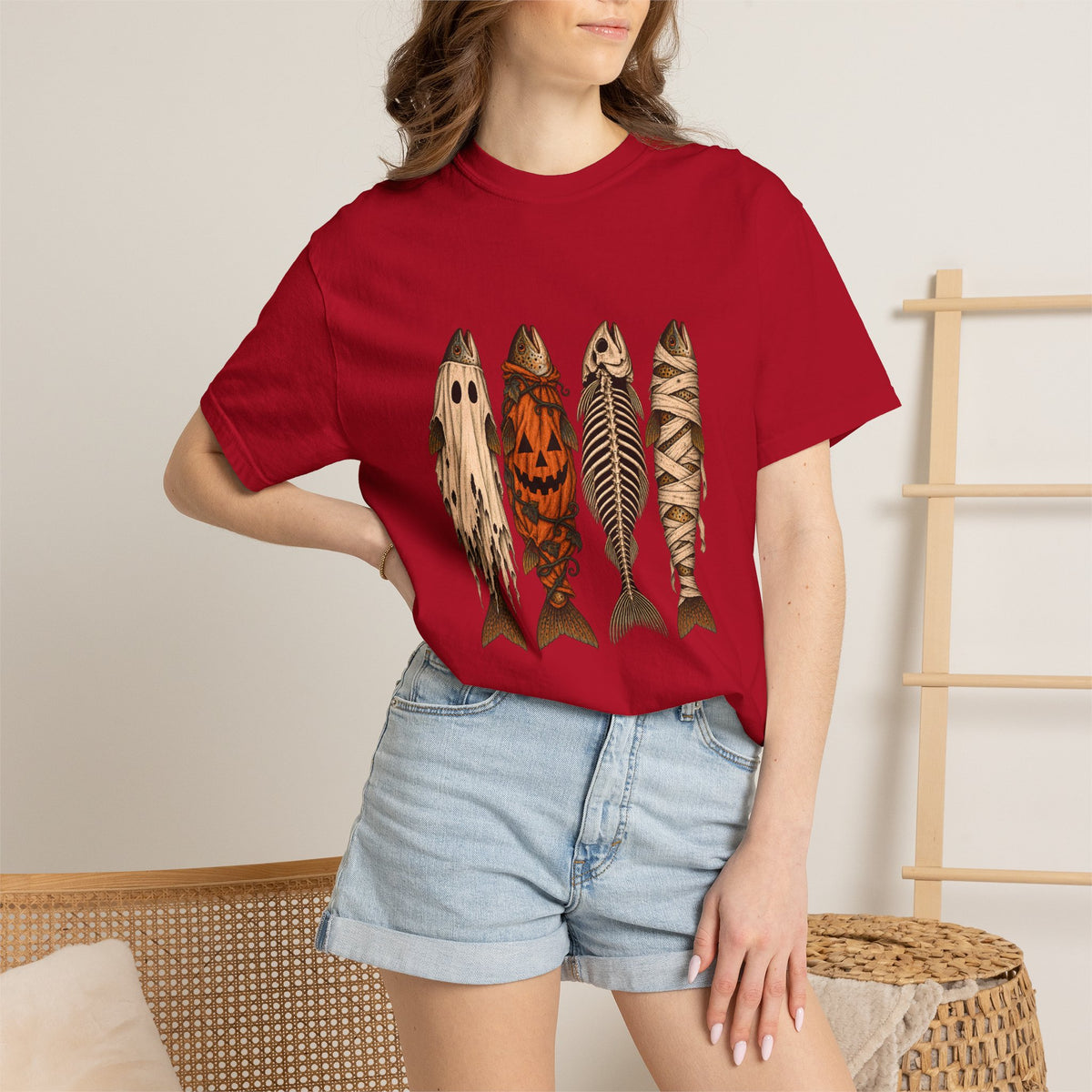 Comfort Colors® Halloween Fish T-Shirt, Spooky Fisherman Gift, Ghost Pumpkin Skeleton Fish Gift, Vintage Fishing Lover Graphic Tee