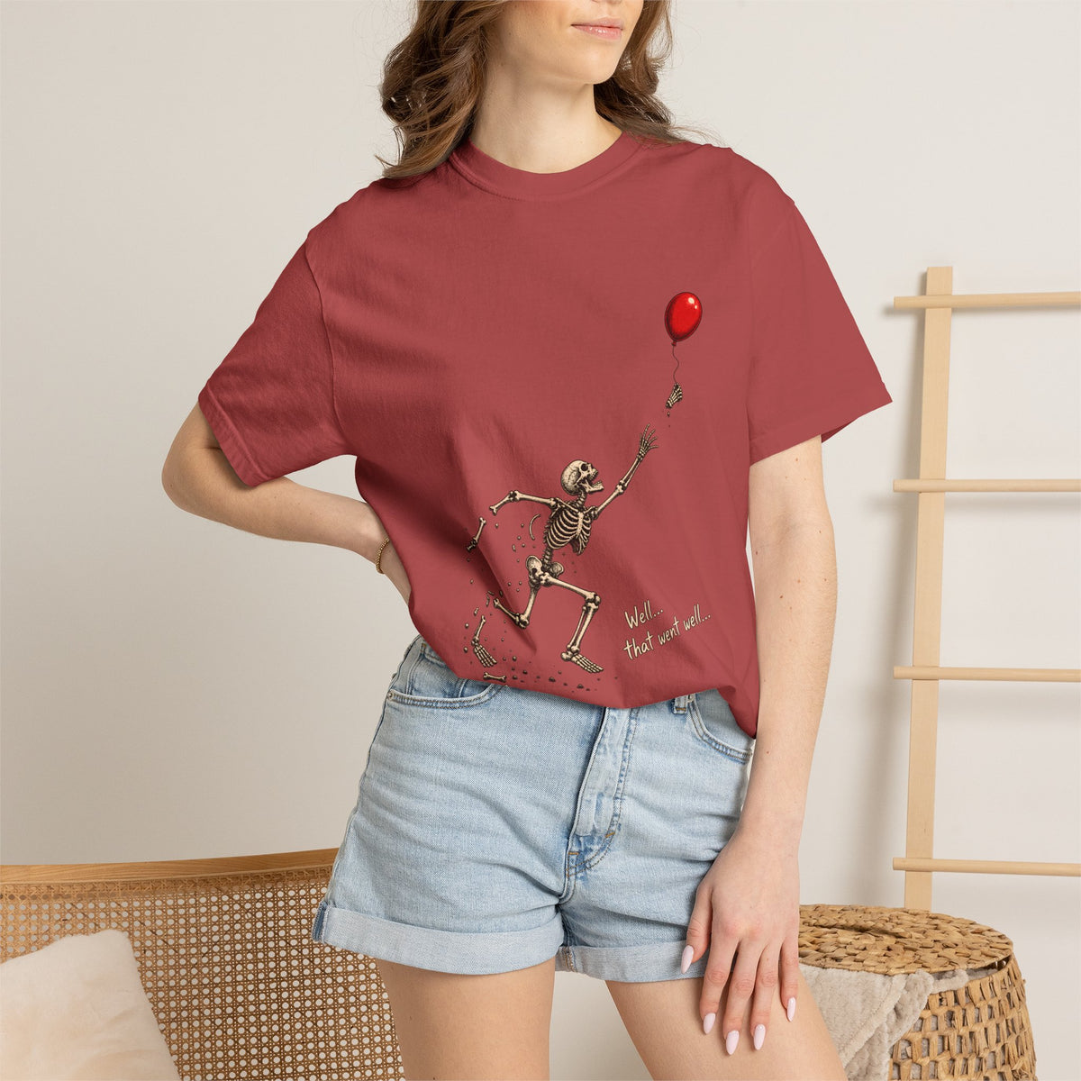 Comfort Colors® Well That Went Well T-Shirt, Funny Skeleton Halloween Gift, Red Balloon Dark Humor Gift, Vintage Spooky Skeleton Graphic Tee