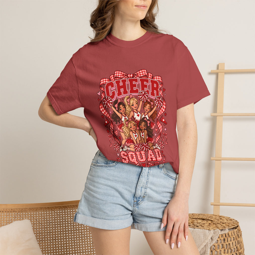 Comfort Colors® Cheer Squad T-Shirt, Red Gingham Bow Cheerleader Gift, Cute Cheer Team Spirit Graphic Tee, Cheerleading Girls Coach Gift