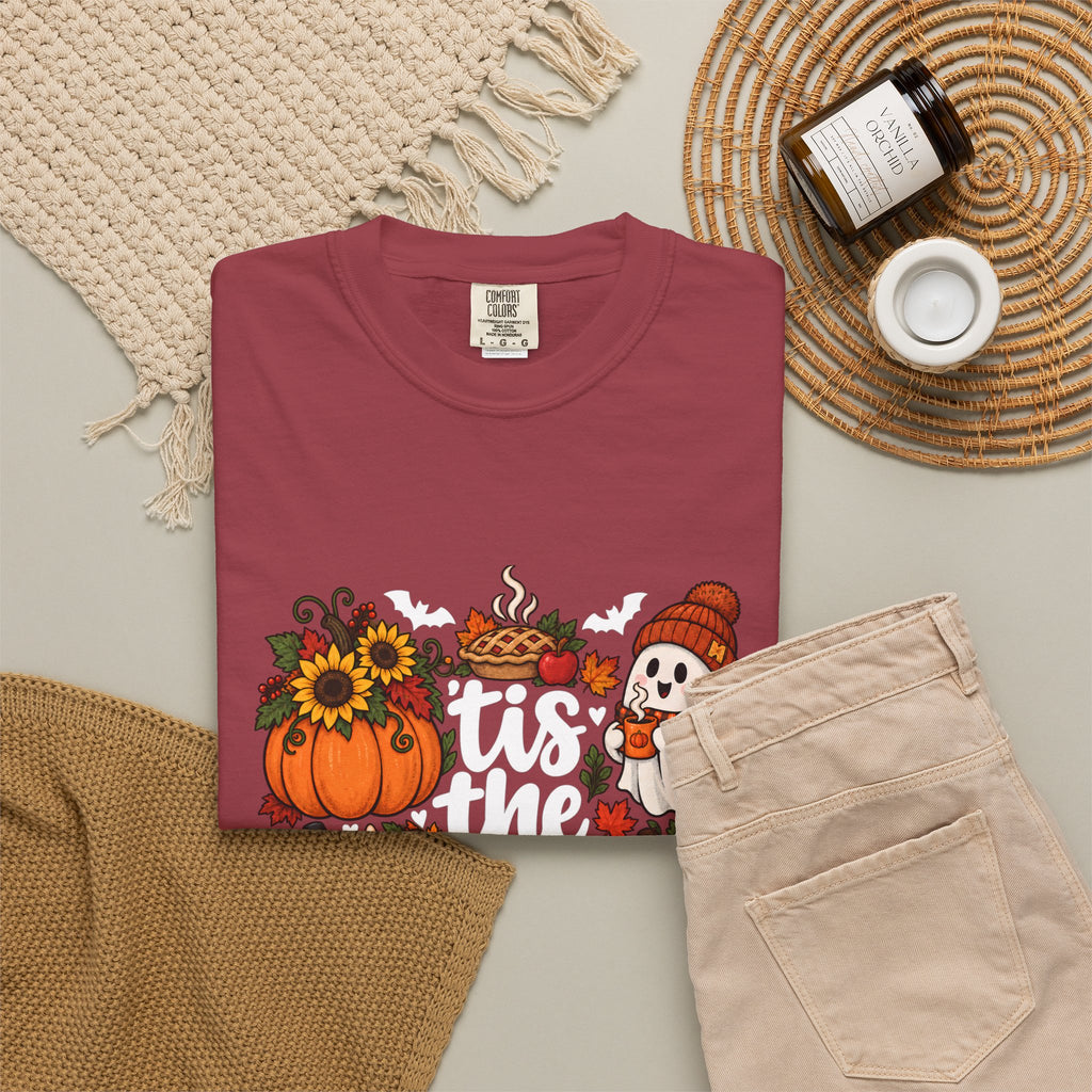 T-shirt Comfort Colors® « Tis the Season », cadeau pour amateur de citrouilles, t-shirt pour l'automne, Thanksgiving et Halloween, t-shirt douillet pour la saison des récoltes pour femmes