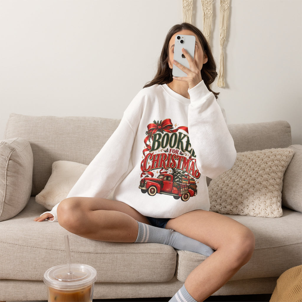 Booked for Christmas Sweatshirt, Book Lover Holiday Gift, Vintage Christmas Truck Graphic Sweatshirt, Cozy Reader Christmas Gift for Her
