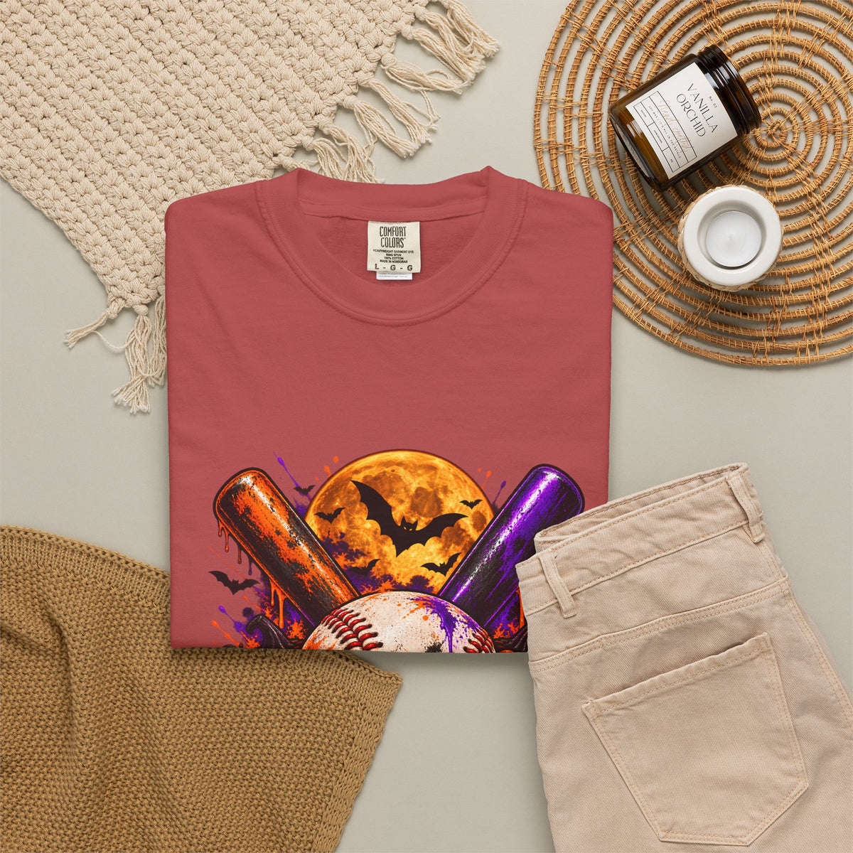 T-shirt de baseball Halloween Comfort Colors®, cadeau de joueur de baseball effrayant, t-shirt graphique pour amateur de baseball citrouille, t-shirt de fan de sport pour Halloween