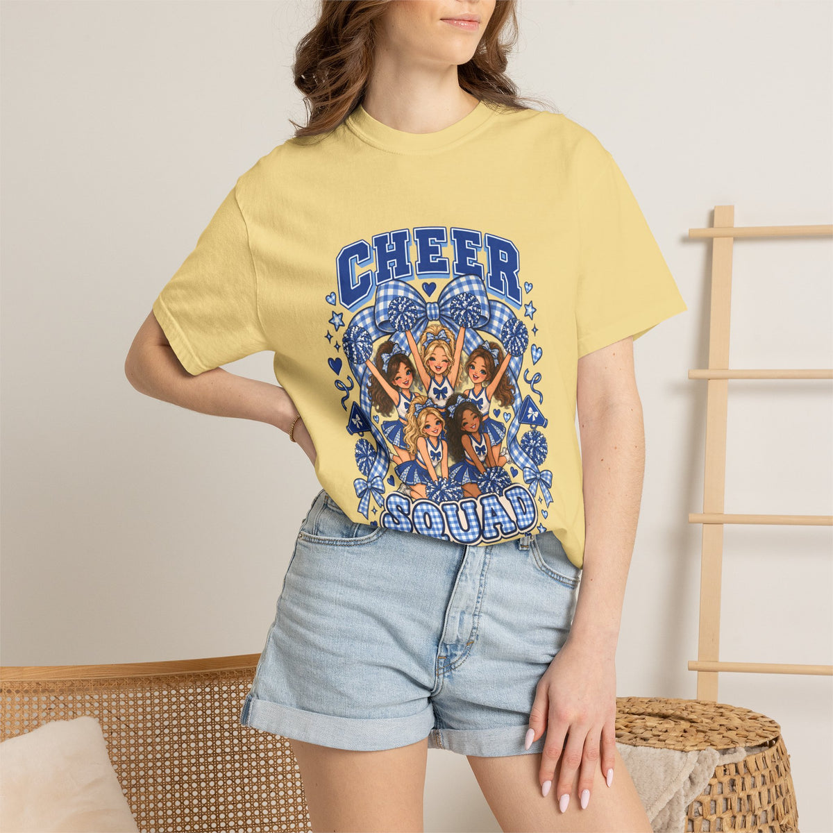 Comfort Colors® Cheer Squad T-Shirt, Blue Gingham Cheerleader Gift, Cheer Team Spirit Graphic Tee, Cute Cheerleading Girls Coach Gift