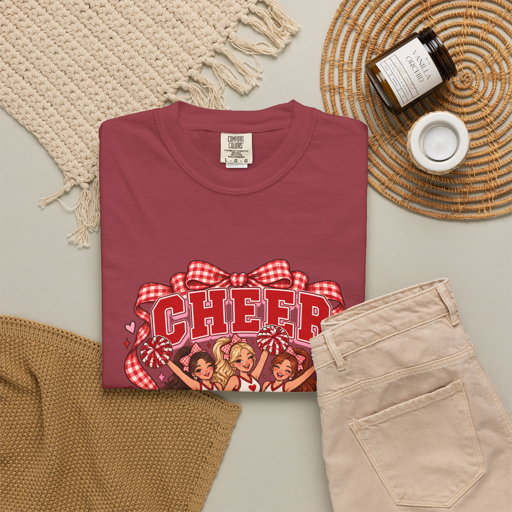 Comfort Colors® Cheer Squad T-Shirt, Red Gingham Bow Cheerleader Gift, Cute Cheer Team Spirit Graphic Tee, Cheerleading Girls Coach Gift