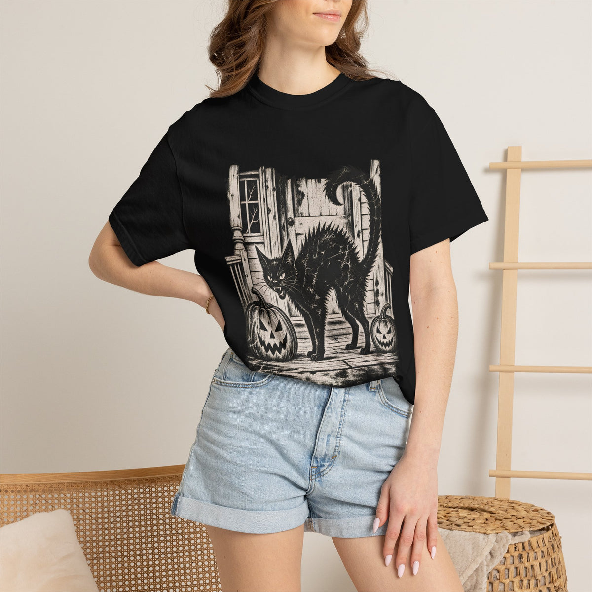 Comfort Colors® Vintage Black Cat Halloween T-Shirt, Spooky Cat Lover Gift, Retro Jack O Lantern Graphic Tee, Gothic Halloween Kitty Gift