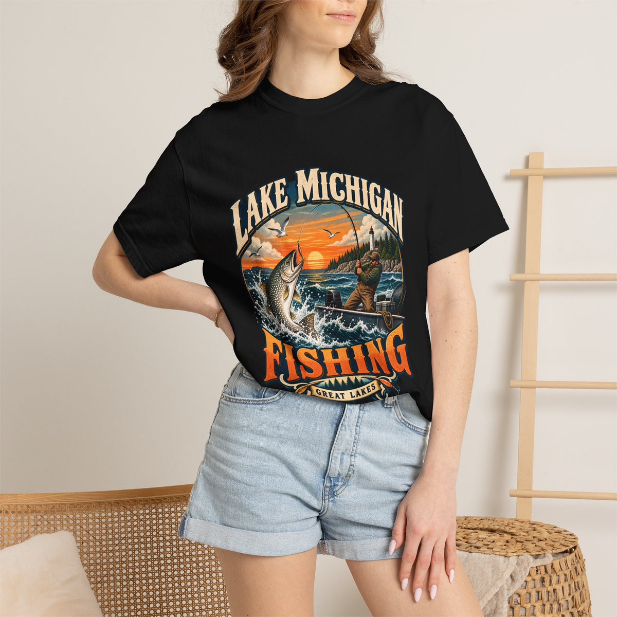 Comfort Colors® Lake Michigan Fishing T-Shirt, Great Lakes Angler Gift, Trout Fisherman Sunset Graphic Tee, Michigan Fishing Lover Shirt