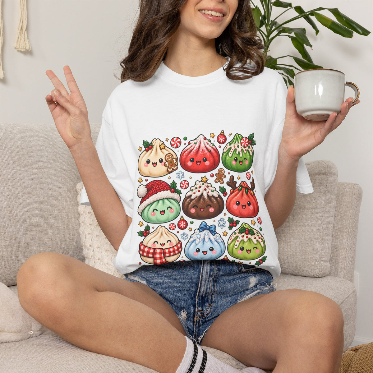 T-shirt de Noël mignon « Comfort Colors® » avec raviolis, cadeau kawaii pour amateur de cuisine pour les fêtes, pour les fans de raviolis, cadeau gourmand de Noël mignon