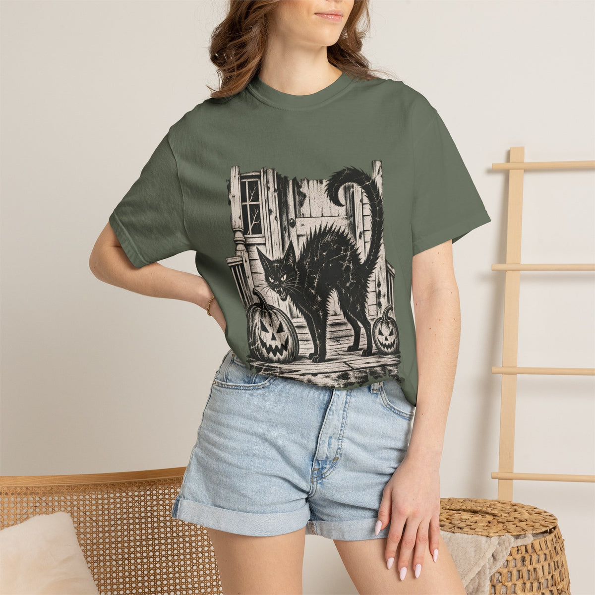 Comfort Colors® Vintage Black Cat Halloween T-Shirt, Spooky Cat Lover Gift, Retro Jack O Lantern Graphic Tee, Gothic Halloween Kitty Gift