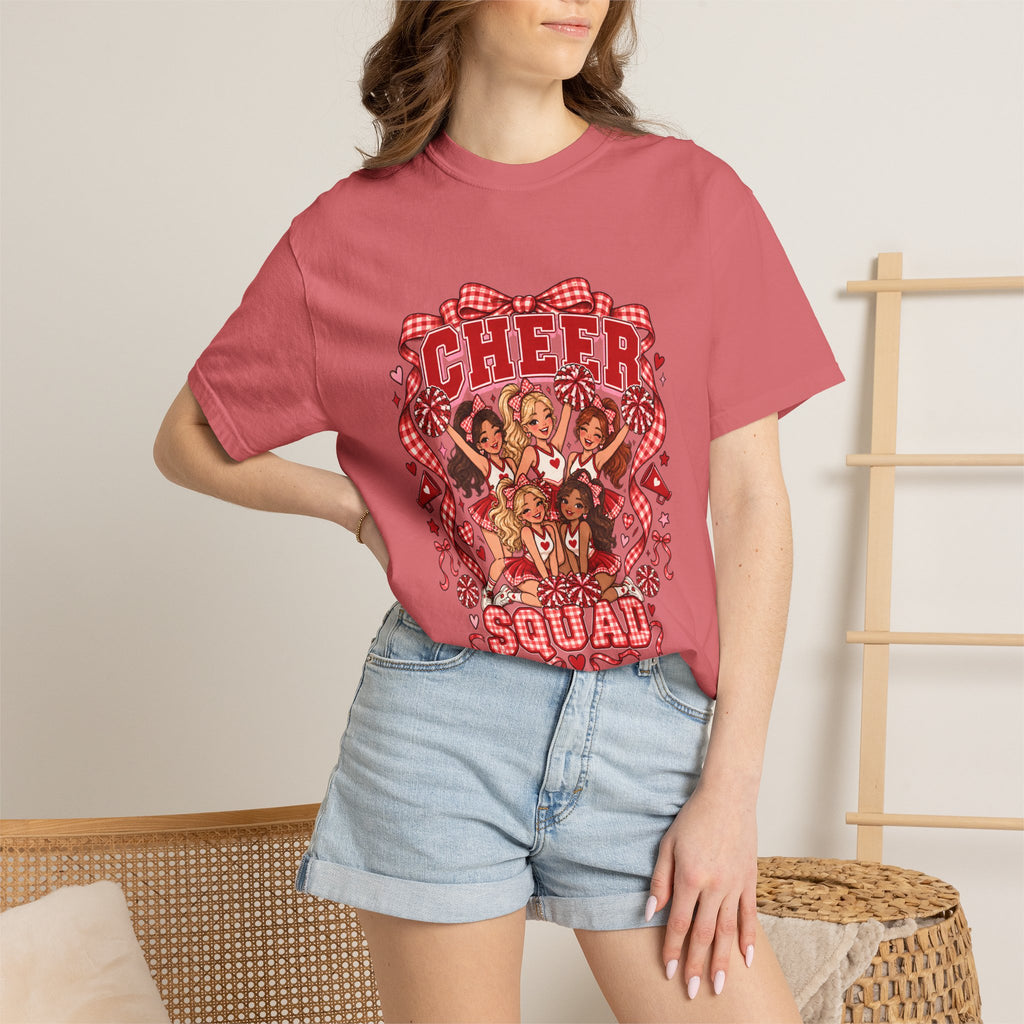 Comfort Colors® Cheer Squad T-Shirt, Red Gingham Bow Cheerleader Gift, Cute Cheer Team Spirit Graphic Tee, Cheerleading Girls Coach Gift