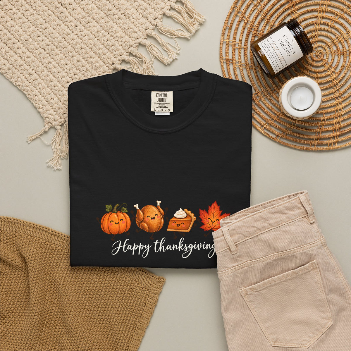 Comfort Colors® Happy Thanksgiving T-Shirt, Cute Turkey Pumpkin Lover Gift, Kawaii Fall Food Gift, Autumn Family Dinner Graphic Tee
